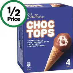 Woolworths Cadbury Choc Tops Ice Cream Cones 400ml Pk 4 – From the Freezer offer