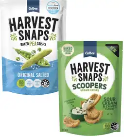 Coles Harvest Snaps Pea Crisps 120g or Scoopers 90g offer