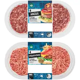Woolworths Woolworths Australian Angus, Chuck & Brisket or Steakhouse 1/4 Pound Beef Burger Varieties 454g Pk 4 offer