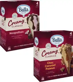 Coles Bulla Creamy Classics Ice Cream Cones 4 Pack 520mL offer