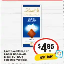 IGA Lindt Excellence or Lindor Chocolate Block 80-100g Selected Varieties offer