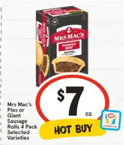 IGA Mrs Mac's Pies or Giant Sausage Rolls 4 Pack Selected Varieties offer