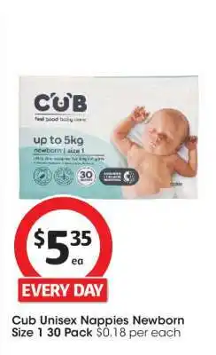 Coles Cub Unisex Nappies Newborn Size 1 30 Pack offer
