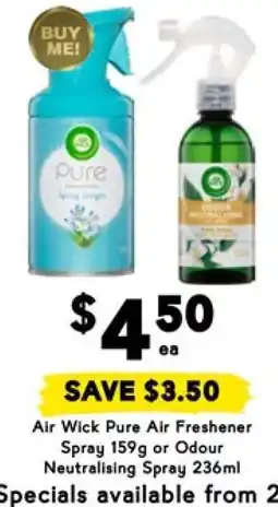 Drakes Air Wick Pure Air Freshener Spray 159g or Odour Neutralising Spray 236ml offer