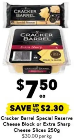 Drakes Cracker Barrel Special Reserve Cheese Block or Extra Sharp Cheese Slices offer