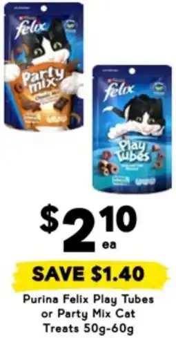 Drakes Purina Felix Play Tubes or Party Mix Cat Treats offer