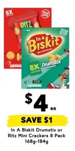 Drakes In A Biskit Drumstix or Ritz Mini Crackers 8 Pack offer