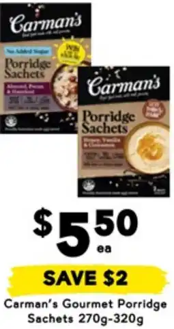 Drakes Carman's Gourmet Porridge Sachets offer