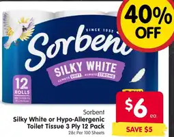 Spar Sorbent Silky White or Hypo-Allergenic Toilet Tissue offer