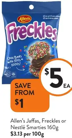 Foodworks Allen's Jaffas, Freckles or Nestlé Smarties offer