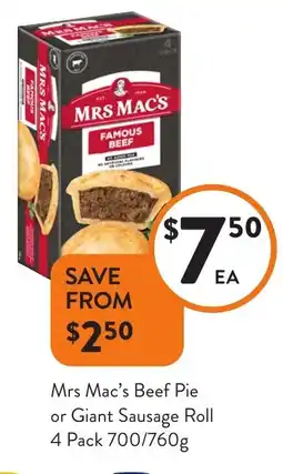 Foodworks Mrs Mac's Beef Pie or Giant Sausage Roll 4 Pack offer