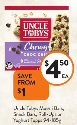 Foodworks Uncle Tobys Muesli Bars, Snack Bars, Roll-Ups or Yoghurt Topps offer