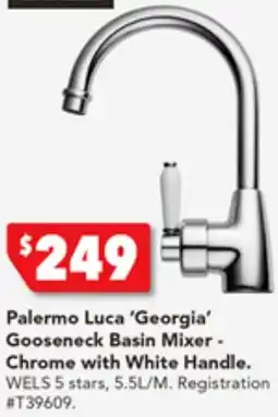 Harvey Norman Palermo Luca 'Georgia' Gooseneck Basin Mixer - Chrome with White Handle offer