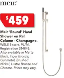 Harvey Norman Meir 'Round' Hand Shower on Rail Column-Champagne offer
