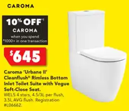 Harvey Norman Caroma 'Urbane II' Cleanflush Rimless Bottom Inlet Toilet Suite with Vogue Soft-Close Seat offer