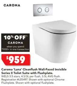 Harvey Norman Caroma 'Luna' Cleanflush Wall-Faced Invisible Series II Toilet Suite with Flushplate offer