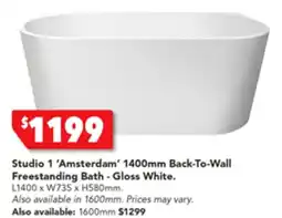Harvey Norman Studio 1 'Amsterdam' 1400mm Back-To-Wall Freestanding Bath - Gloss White offer