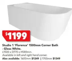 Harvey Norman Studio 1 'Florence' 1500mm Corner Bath -Gloss White offer