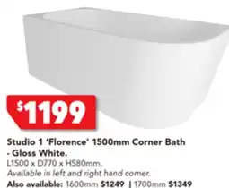 Harvey Norman Studio 1 'Florence' 1600mm Corner Bath -Gloss White. offer