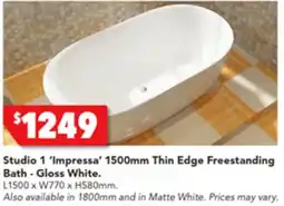 Harvey Norman Studio 1 'Impressa' 1500mm Thin Edge Freestanding Studio 1 'Hampton' 1500mm Freestanding Bath - Bath - Gloss White. offer