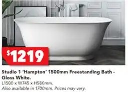 Harvey Norman Studio 1 'Impressa' 1500mm Thin Edge Freestanding Studio 1 'Hampton' 1500mm Freestanding Bath - Bath - Gloss White offer