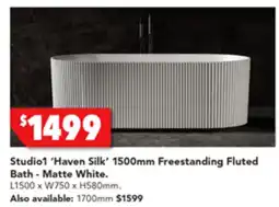 Harvey Norman Studio1 'Haven Silk' 1500mm Freestanding Fluted Bath - Matte White offer