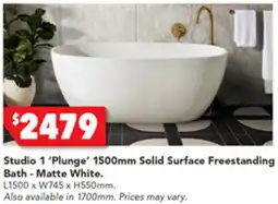 Harvey Norman Studio 1 'Plunge' 1500mm Solid Surface Freestanding Bath - Matte White offer