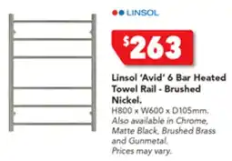 Harvey Norman Linsol 'Avid' 6 Bar Heated Towel Rail - Brushed Nickel offer