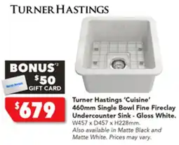 Harvey Norman Turner Hastings 'Cuisine' 460mm Single Bowl Fine Fireclay Undercounter Sink - Gloss White offer