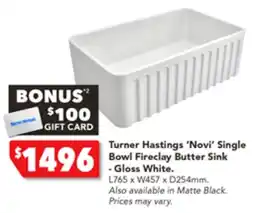 Harvey Norman Turner Hastings 'Novi' Single Bowl Fireclay Butter Sink -Gloss White offer