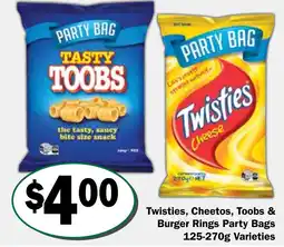 Friendly Grocer Twisties, Cheetos, Toobs & Burger Rings Party Bags Varieties offer