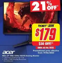 The Good Guys acer Nitro 27" FHD 120Hz VG270 Gaming Monitor offer