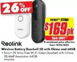 The Good Guys Reolink Wireless Battery Doorbell 2K with Chime and 64GB offer