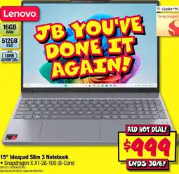 JB Hi-Fi Lenovo 15" Ideapad Slim 3 Notebook offer