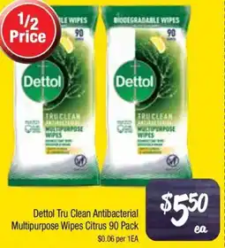 Farmer Jack's Dettol Tru Clean Antibacterial Multipurpose Wipes Citrus 90 Pack offer