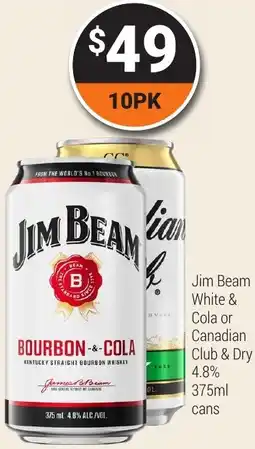 Super Cellars Jim Beam White & Cola or Canadian Club & Dry 4.8% cans offer