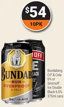 Super Cellars Bundaberg O.P & Cola 6% or Smirnoff Ice Double Black 6.5% cans offer