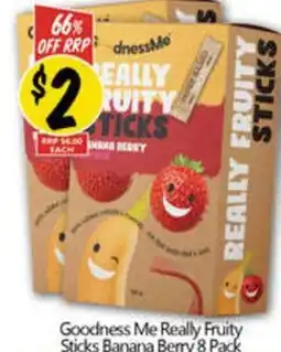 NQR Goodness Me Really Fruity Sticks Banana Berry 8 Pack offer