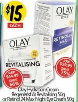 NQR Olay Hydration Cream Regenerist & Revitalising 50g or Retinol 24 Max Night Eye Cream 50g offer