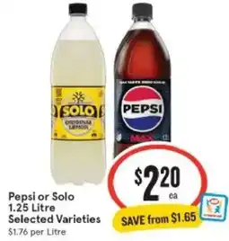 IGA Xpress Pepsi or Solo 1.25 Litre Selected Varieties offer