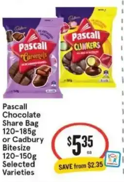 IGA Xpress Pascall Chocolate Share Bag 120-185g or Cadbury Bitesize 120-150g Selected Varieties offer