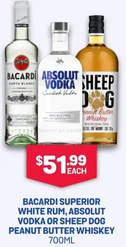 SipnSave BACARDI SUPERIOR WHITE RUM, ABSOLUT VODKA OR SHEEP DOG PEANUT BUTTER WHISKEY offer