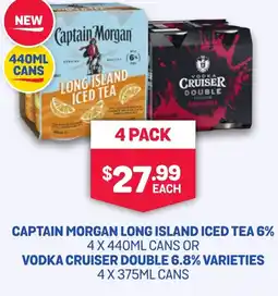SipnSave Captain morgan long island iced tea 6% 4 x 440ml cans or vodka cruiser double 6.8% varieties offer