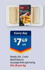 ALDI Ready, Set...Cook! Beef & Bacon Sausage Rolls 4pk/460g offer