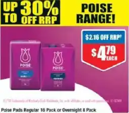 Chemist Warehouse Poise Pads Regular 16 Pack or Overnight 8 Pack offer