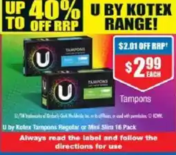 Chemist Warehouse U by Kotex Tampons Regular or Mini Slim 16 Pack offer