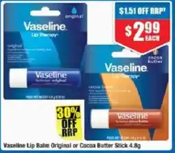 Chemist Warehouse Vaseline Lip Balm Original or Cocoa Butter Stick offer