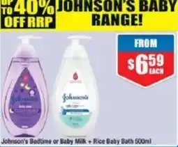 Chemist Warehouse Johnson's Bedtime or Baby Milk + Rice Baby Bath offer