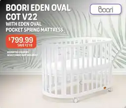 Baby Kingdom Boori eden oval cot v22 with eden oval pocket spring mattress offer