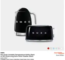 Myer SMEG 50's Style Variable Temperature Kettle, Black or 50's Style Long Slot 4 Slice Toaster, Black offer